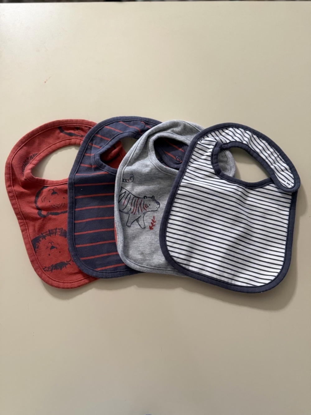 Baby Bib Set - Striped and Animal Print - Navy, Gray, Red set of 4